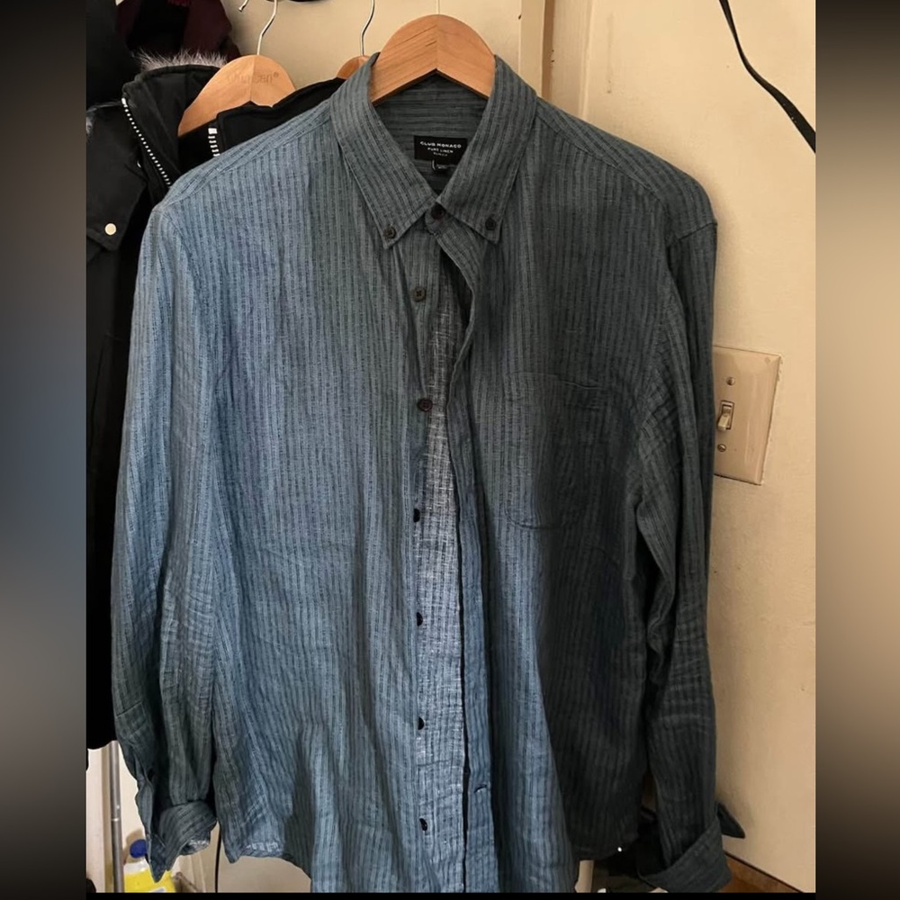 Club Monaco Men's Blue Striped Button Down 100% Linen Shirt